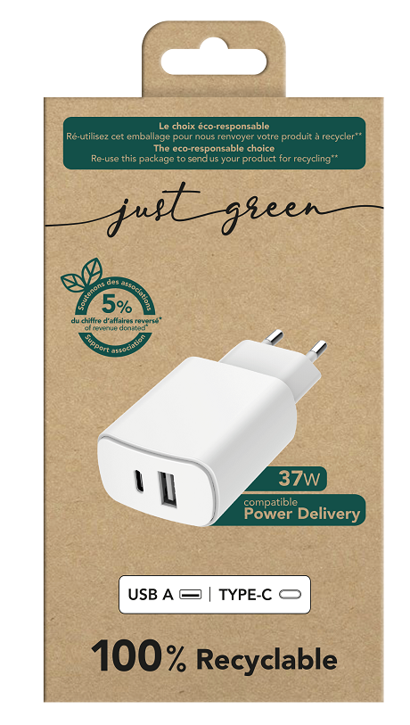 Tête de charge Just Green 37W, USB-A & USB-C blanc