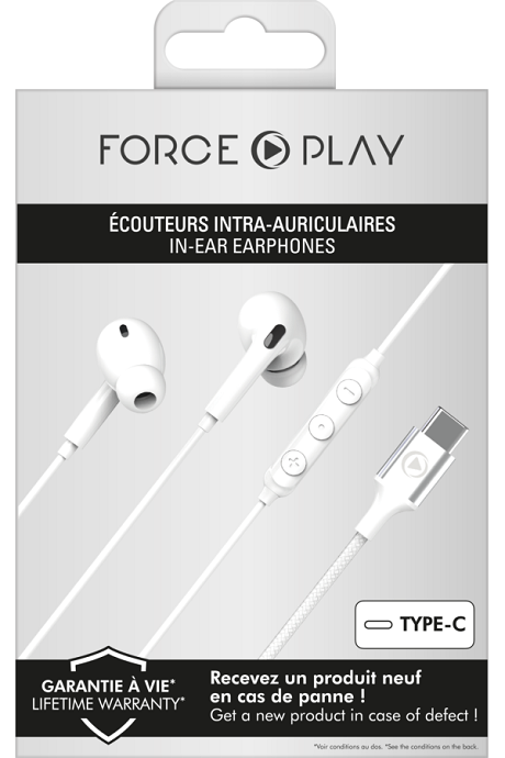 Ecouteurs filaires Force Play intra-auriculaire type C blanc