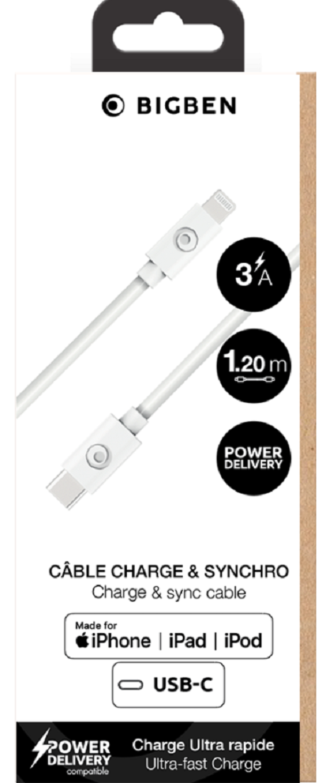 Câble de charge et synchronisation MFI Lightning/USB-C blanc