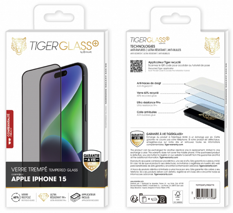 Film Tiger Glass+ Privacy recyclé iPhone 15 transparente