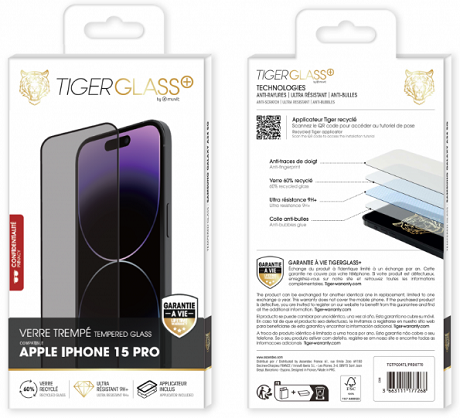 Film Tiger Glass+ Privacy recyclé iPhone 15 Pro transparente