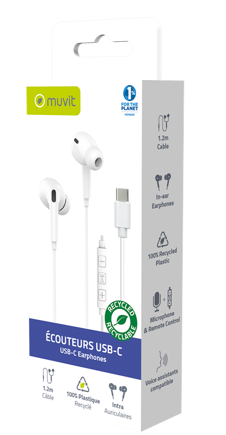 Ecouteurs filaires plastique recyclé Muvit bouton USB-C