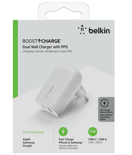 Tête de charge double port 42W USB-C USB-A Belkin blanc