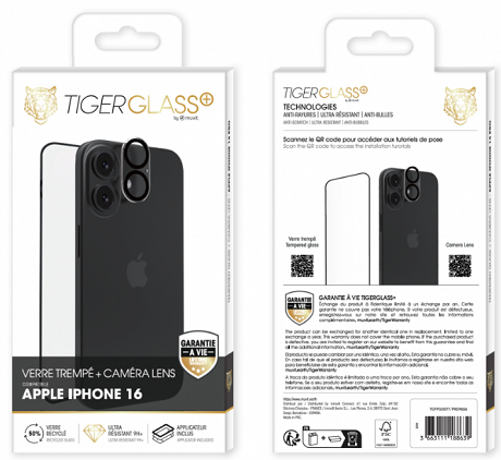 Pack Film Tiger Glass+ recyclé iPhone 16 transparente