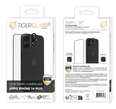 Pack Film Tiger Glass+ recyclé iPhone 16 Plus transparente