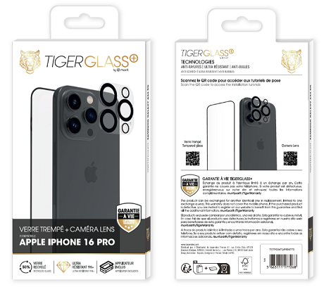 Pack Film Tiger Glass+ recyclé iPhone 16 Pro transparente