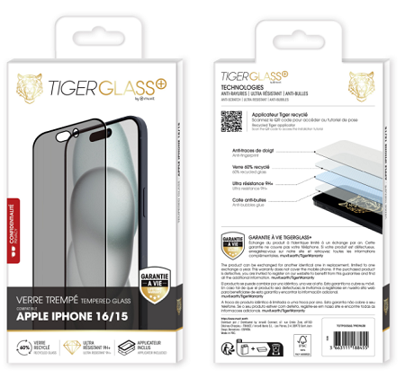 Film Tiger Glass+ Privacy recyclé iPhone 16 transparente