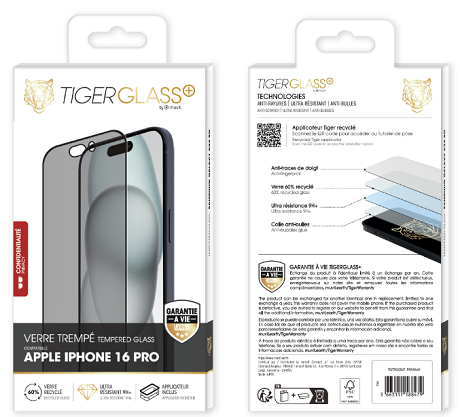 Film Tiger Glass+ Privacy recyclé iPhone 16 Pro transparente