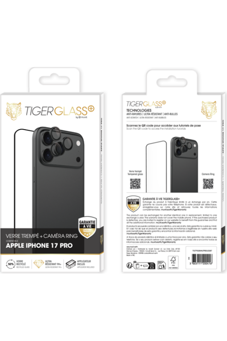 Pack Film Tiger Glass+ recyclé iPhone 17 Pro transparente