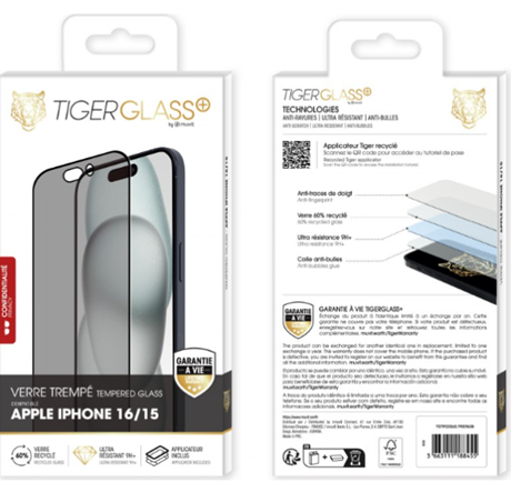 Film Tiger Glass+ Privacy recyclé iPhone  17e/16e/14/13/13P