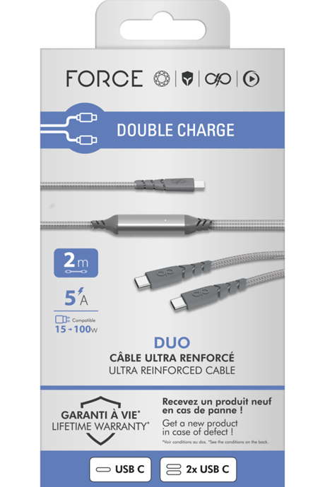 Câble ultra renforcé DUO USB-C+C 100W gris