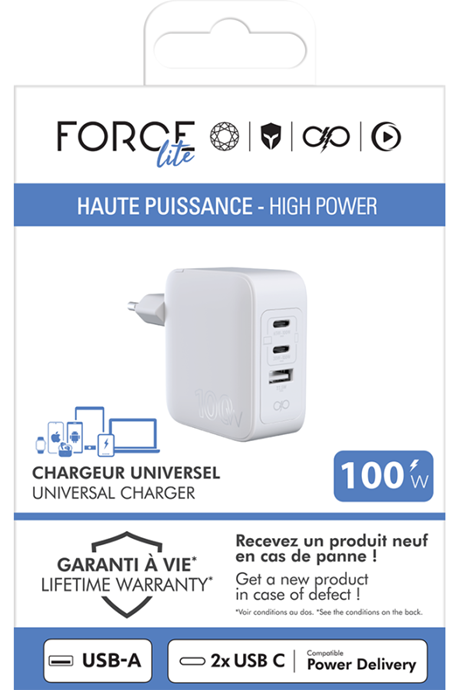Tête de charge Force Power Lite 100W 3 ports USBC USBA blanc
