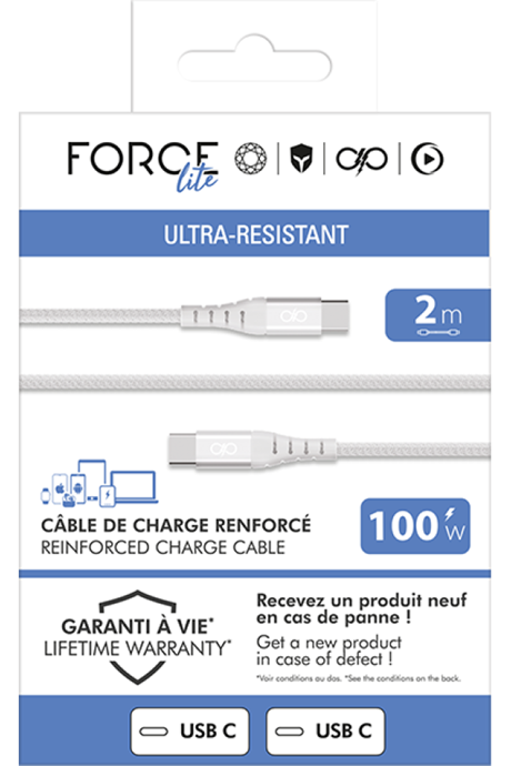 Câble Renforcé USB-C 2M 100W blanc