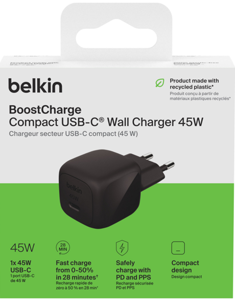 Tête de charge rapide compact USB-C 45W Belkin noir carbone