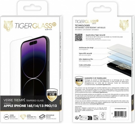 Film Tiger Glass+ recyclé iPhone 16e transparente